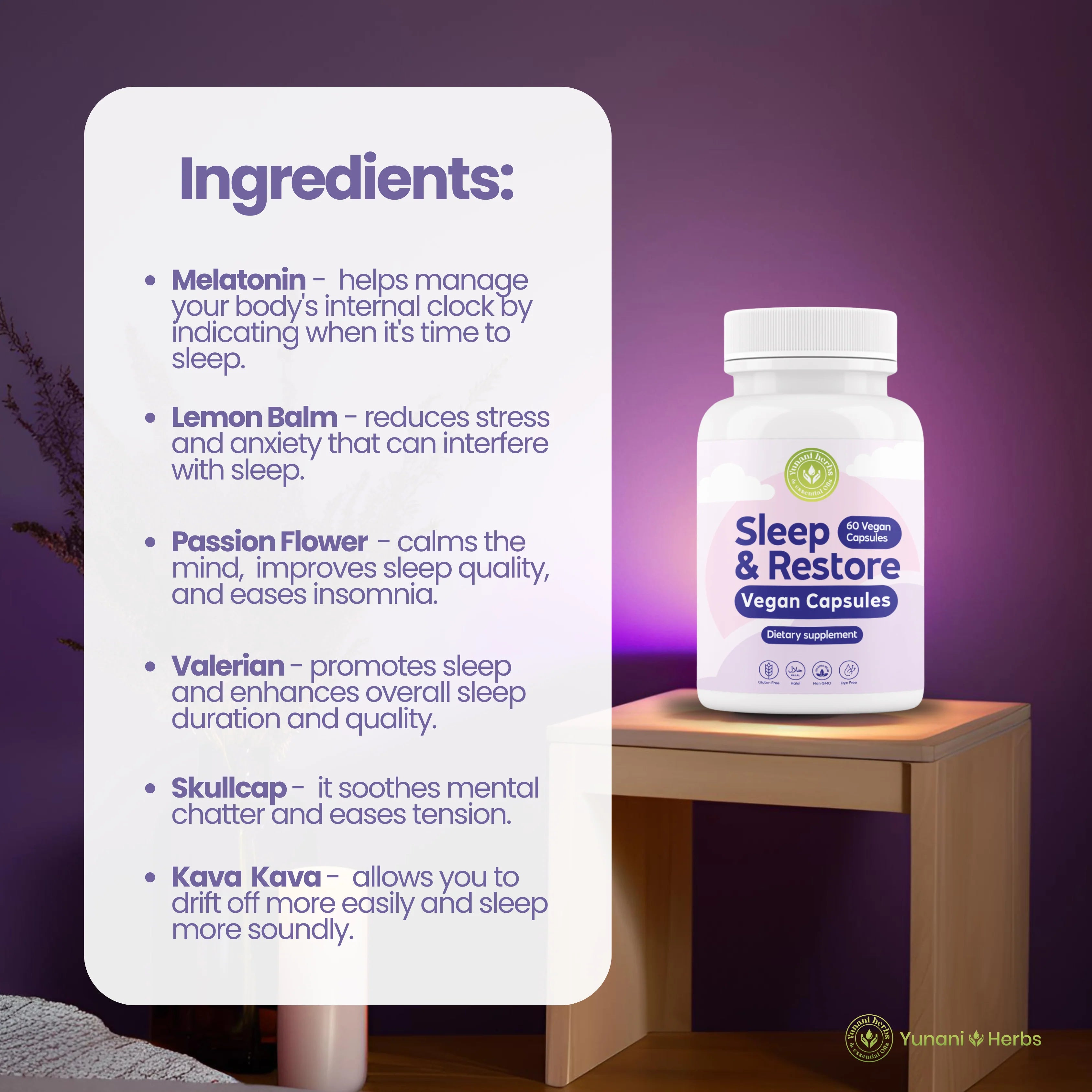 Yunani Herbs - Sleep & Restore Vegan Capsules